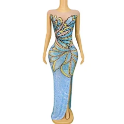 Sexy Stage Orange Colorful Rhinestones Sleeveless Dress Transparent Stretch Outfit Club Birthday Party Photoshoot Collections