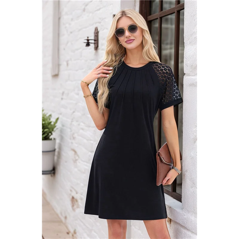 เดรสเสื้อยืดแขนสั้นลูกไม้สำหรับผู้หญิง รุ่น A09P ชุดเดรสลำลองคอทรงกลม จับจีบด้านหน้า