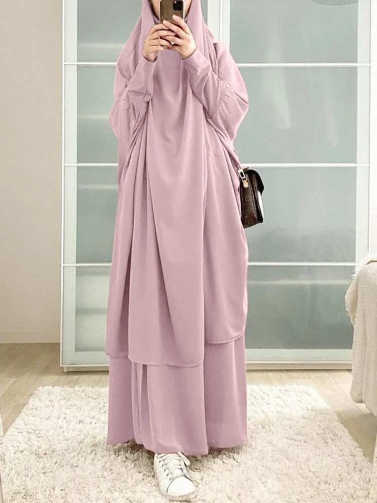 Eid Muslimische Frauen Langer Khimar + Rock 2-teiliges Set Gebetskleidungsstück Abaya Ramadan Kleid Dubai Arabisch Islamischer Niqab Burka Jubah