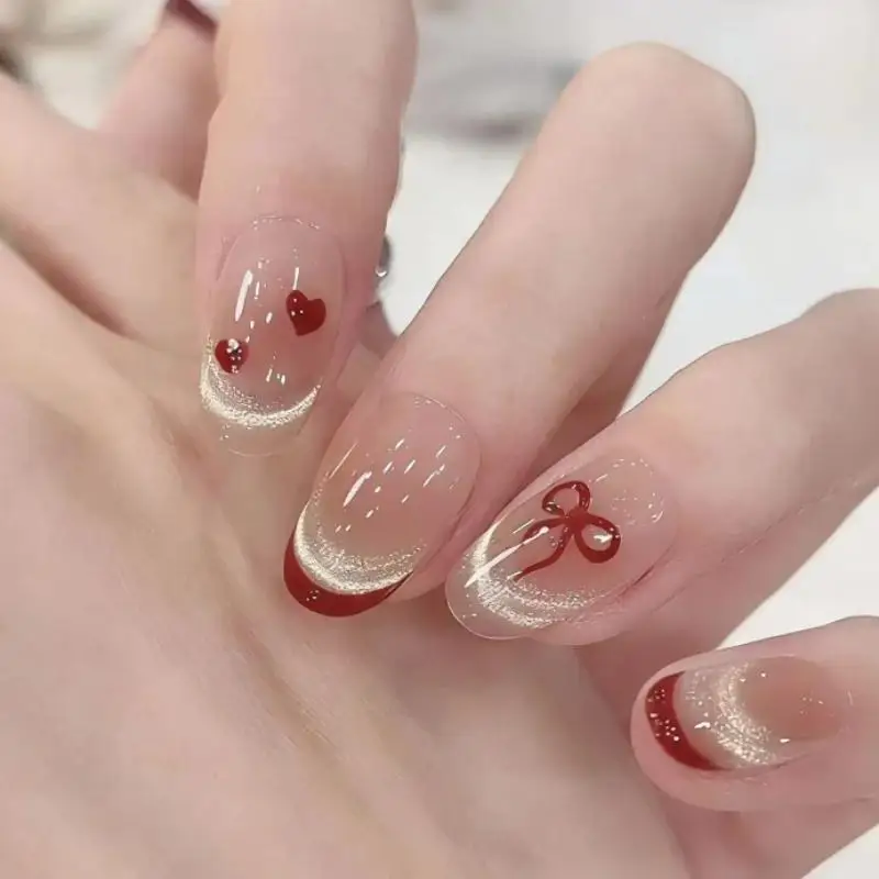 16mm Glue-Free Short Square False Nails Sweet Bows Hearts Print Easy Apply Fake Nails for Home Manicure