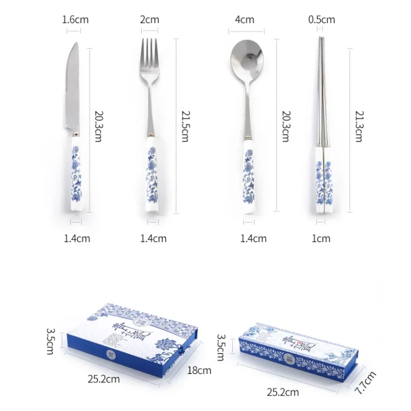 Blue and white porcelain cutlery spoon stainless steel spoon Western tableware set ceramic handle knife and fork dinner set