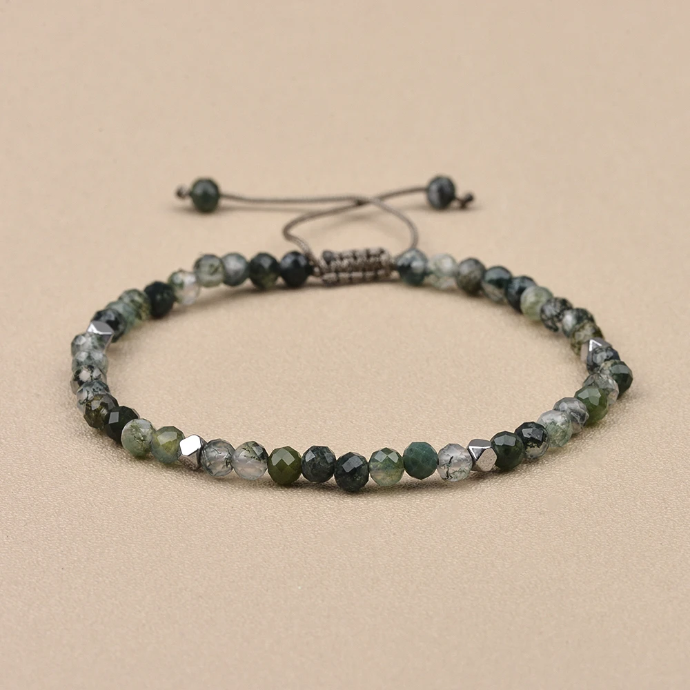 4MM Natural Stone Bohemian Style Moss Agate Garnet Lapis and Hemaite Braided Adjustable Hand-Woven Bracelet For Women Gift