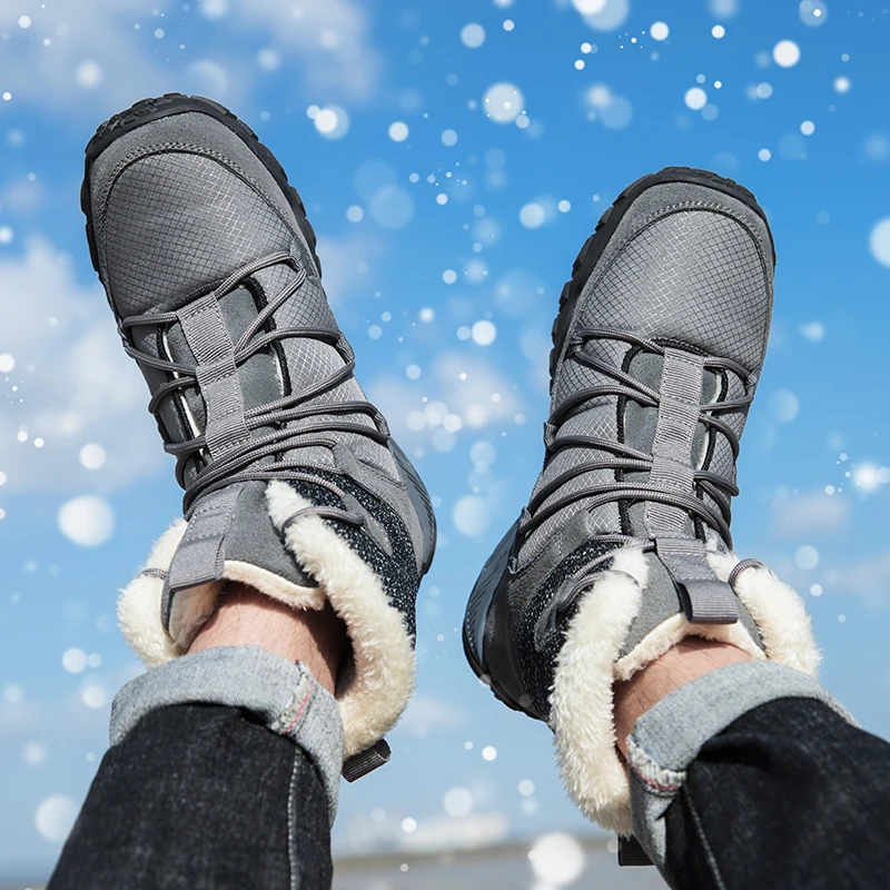 Botas de neve de pelúcia masculina, tênis antiderrapante, botas de couro quente, sapatos de tamanho grande, tênis de caminhada ao ar livre, inverno, novo