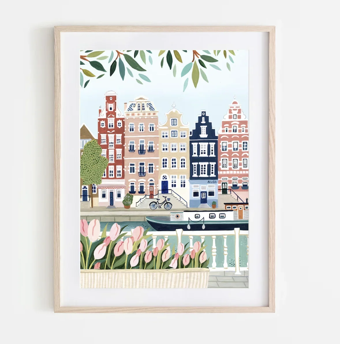 1pc frameless Canvas Painting Amsterdam Canal Tulip Town Wall Art Canvas Prints Decor, Dutch Colorful House Bicycle Poster for L