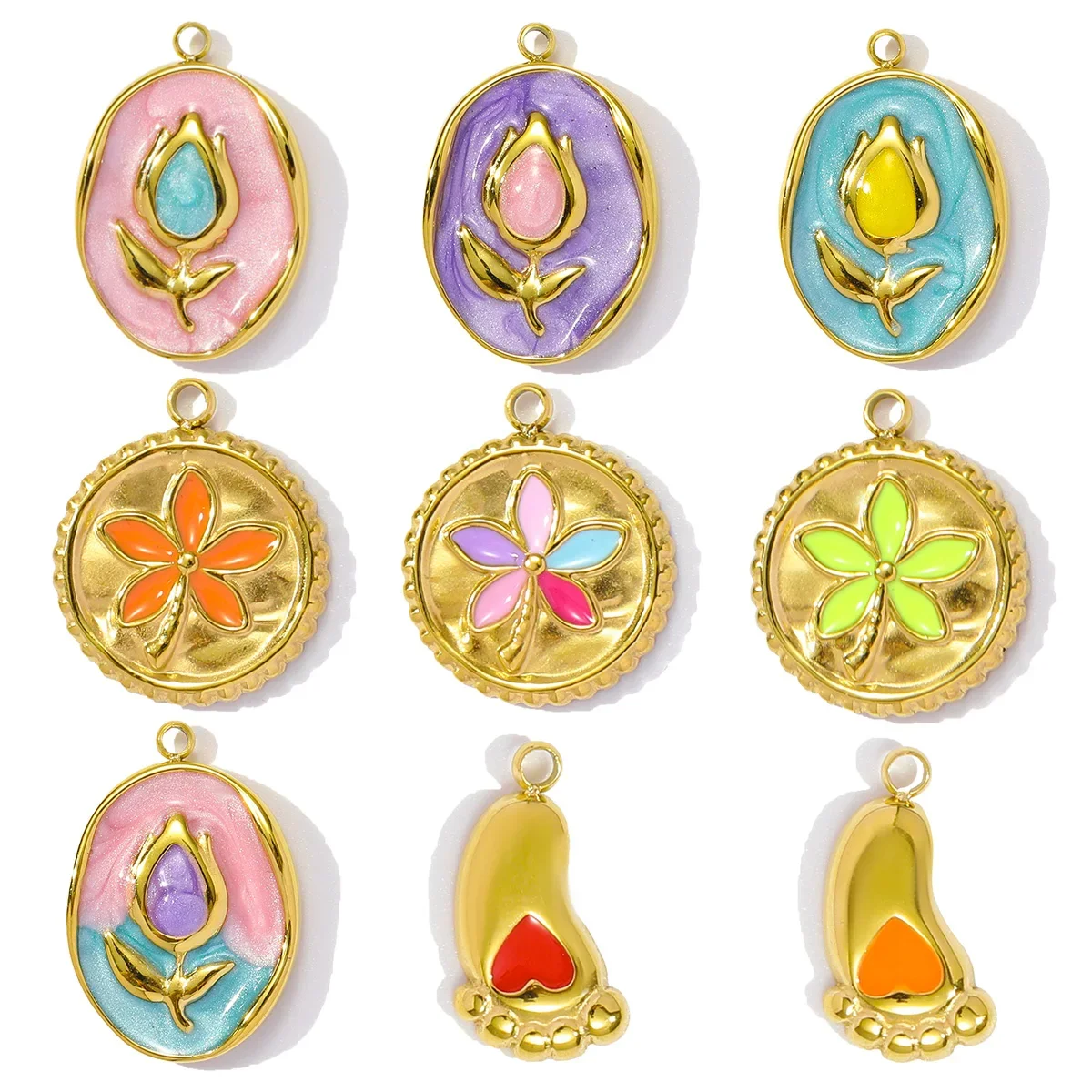3pcs/Lot Stainless Steel Enamel Monet Gardens Diy Charms Woman Tulips Flower Necklace Pendants Baby Foot Jewelry Wholesale