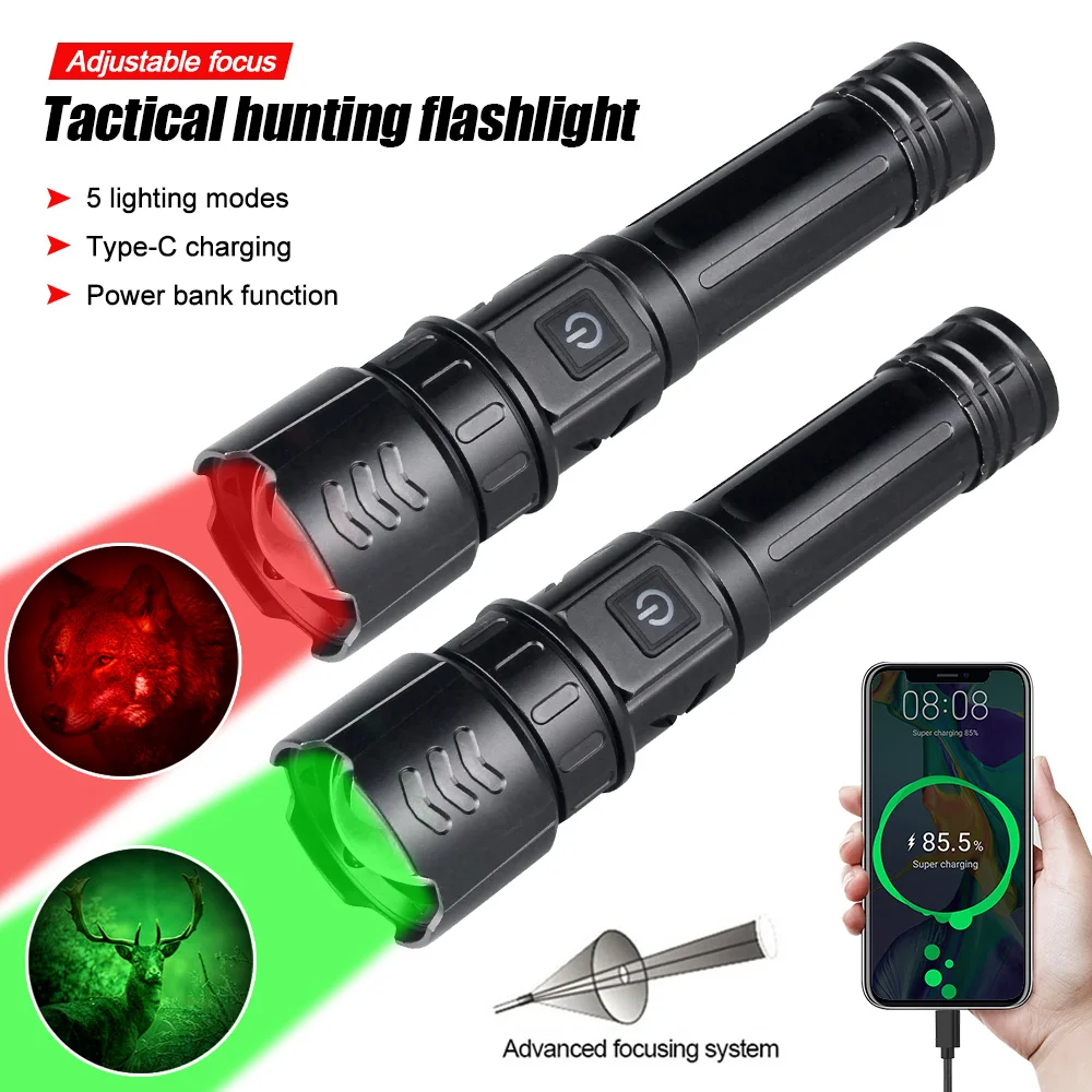 Tactical Green/Red LED Hunting Flashlight Zoomable Lamp 5 Modes Torch Type-C Fast Charging Weapon Lights for Outdoor Detector