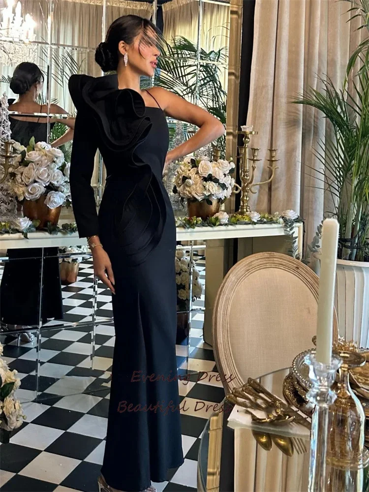 

Black Evening Dress One-Shoulder Sleeve For Sexy Womens Dresses Long Party Dresses Formal Cocktail Gown 2024 فساتين الحفلات