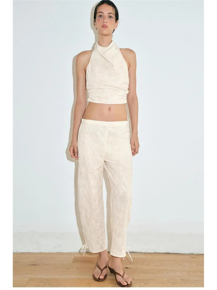 Summer Spicy Girl Embroidered Bead Necklace Top Lantern Pants mid Waist Long Pants Fashionable Workwear Polyester Fiber