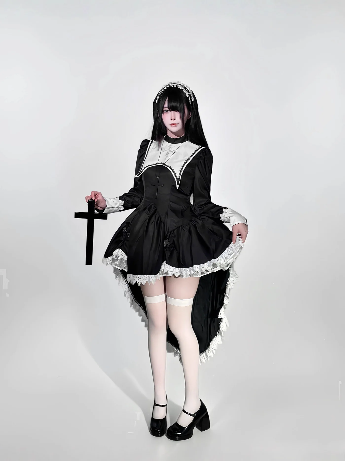 Gothic style dark embroidery cross Halloween nun costume cosplay carnival party stage play performance costume view 4