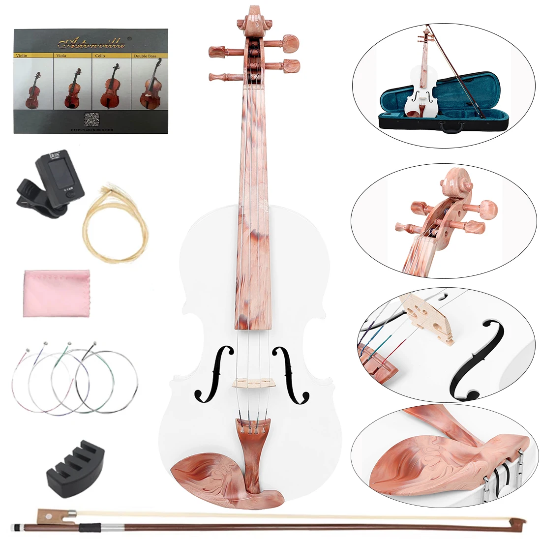 Professional Solid Wood Violin 4/4 Full Size For Beginners Acoustic Violins with Hard Case Bow Tuner Extra Strings Parts