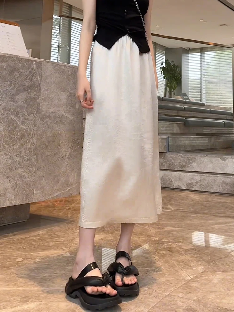 

White Silk Satin Half-length Skirt Women's Summer Thin New Chinese Style Slit High Waist A-line Long Dress