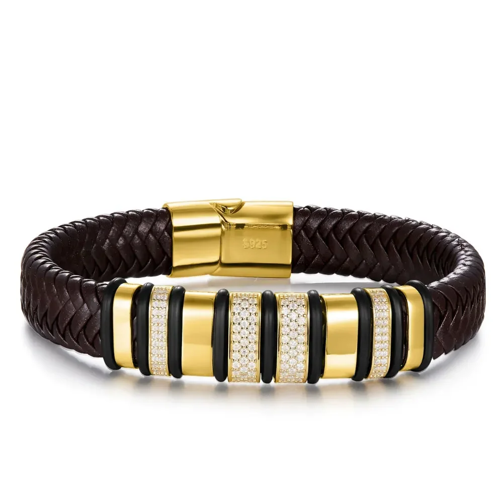 FCGJHW 8mm Leather Bracelet 100% s925 Sterling Silver Plated 18k Lab Grow Zircon Diamond Luxury Cuban Bracelets for Man