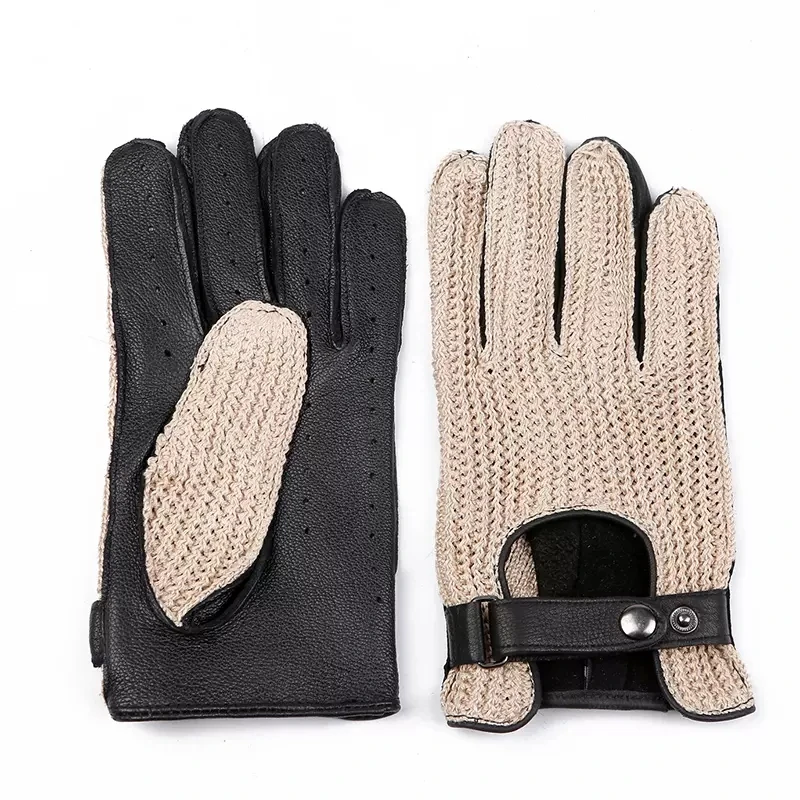 Knitted Deerskin Gloves Male Retro Breathable Weave Spring Autumn Anti-Slip Equestrianism Men Real Leather Gloves LSH02