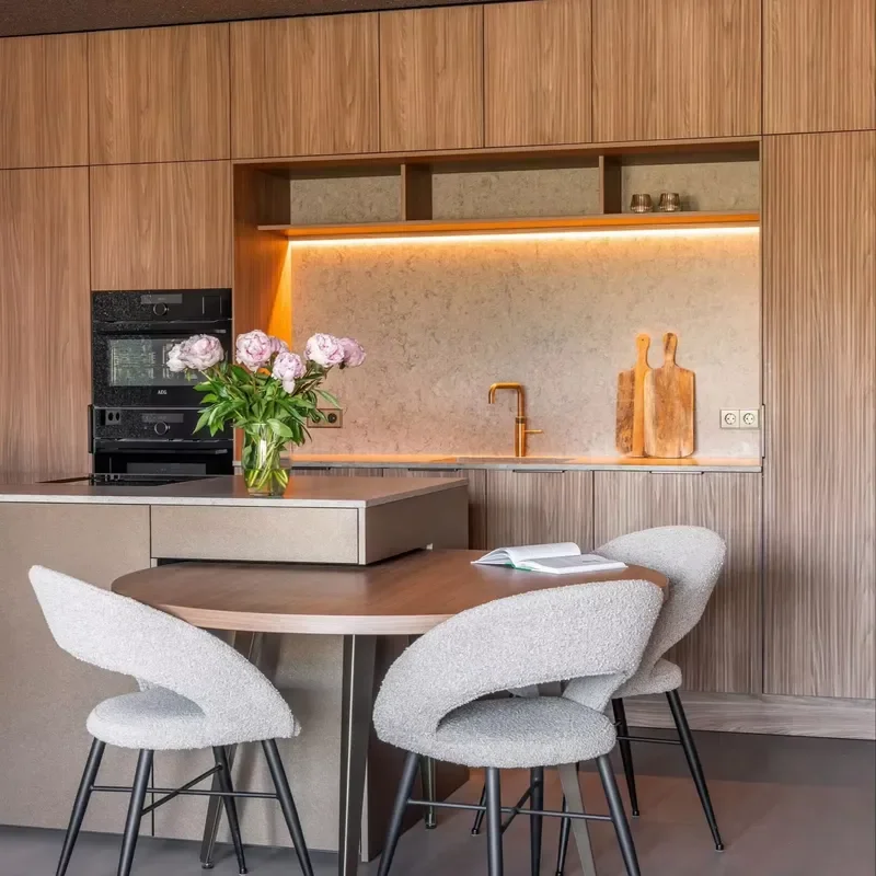 Modern bar cabinets, wooden countertops with LED lighting, minimalist kitchen island or freestanding family bar unit