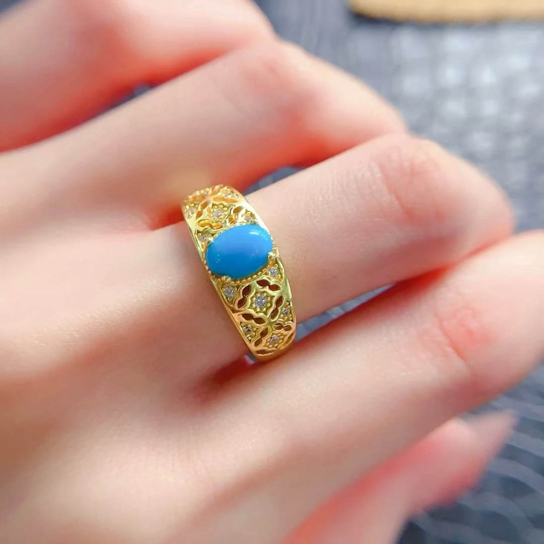 Antique Look 925 Silver Cabochon Turquoise Ring 5mm*7mm Natural Turquoise Powder Forming Gemstone Ring with 18K Gold Plating