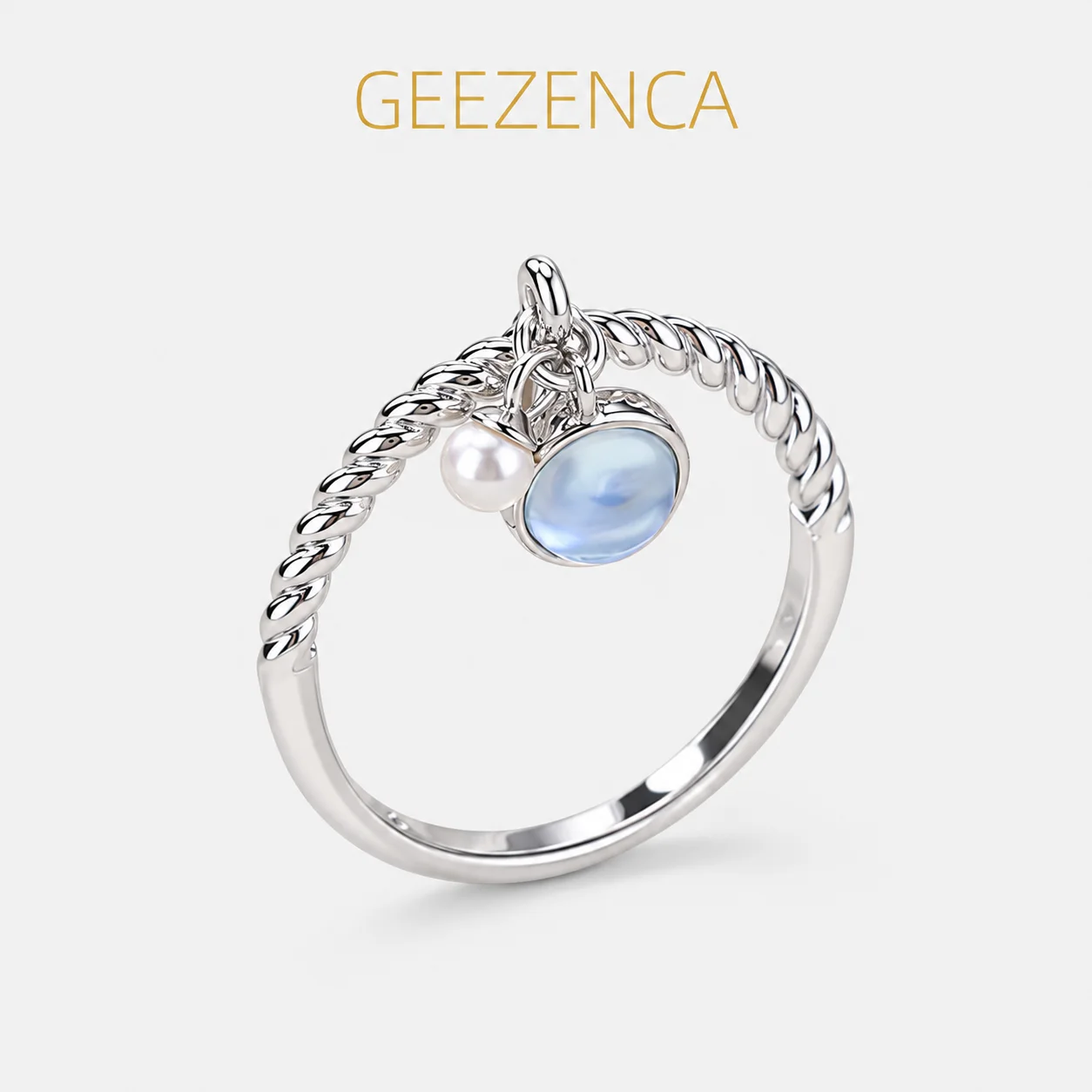 GEEZENCA 925 Sterling Silver Thin Band Aquamarine Pearl Charm Open Rings Women Dainty Simple Trendy Statement Ring Party Gift