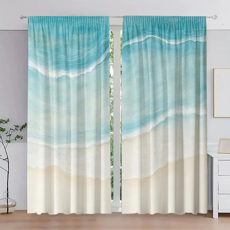 2PCS Digital Printed Curtains, Summer Ocean Wave Pattern, Coastal Beach Style for Living Room Bedroom Apartment Home Decor