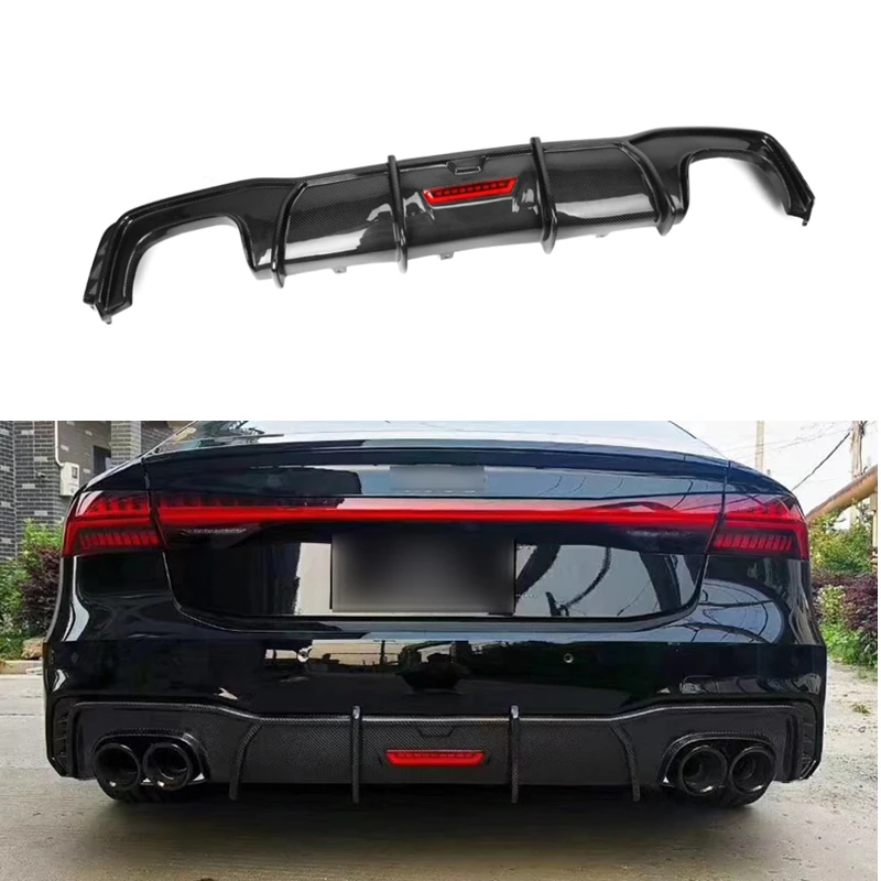 

Carbon fiber Rear Lip Diffuser With Lamp Spoiler For Audi A7 S7 RS7 2019-2021 Carbon Car Fins Shark Style Bumper Protector