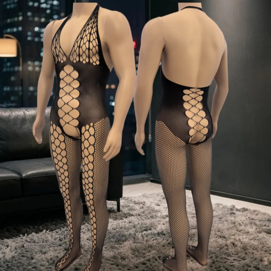 Men Deep V Fishnet Bodysuit Hollow Cut Out Full Body Stockings Open Crotch See Through Mesh Jumpsuit Elastic Sexy Lingerie Hot
