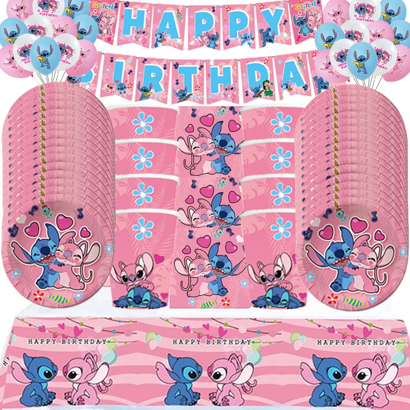 Rosa Stich Engel Geburtstags feier Dekoration Einweg geschirr Tasse Serviette Tischdecke Ballon Mädchen Baby party Dekor liefert