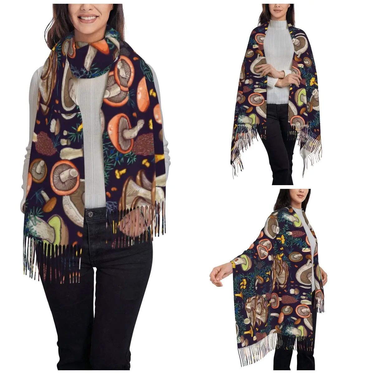 Women\'s Scarf with Tassel Dark Dream Forest Mushroom Long Winter Warm Shawl Wrap Shrooms Cartoon Cute Daily Wear Cashmere Scarf