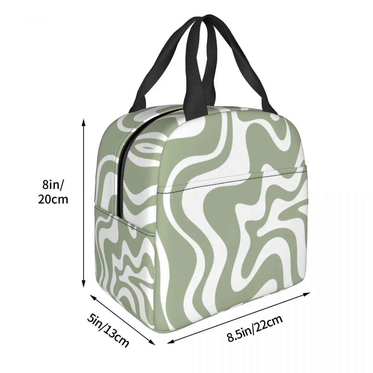 Sac à lunch isotherme en vert sauge, motif abstrait liquide, glacière d'art géométrique, boîte à bento thermique pour femmes, sacs de nourriture pour enfants