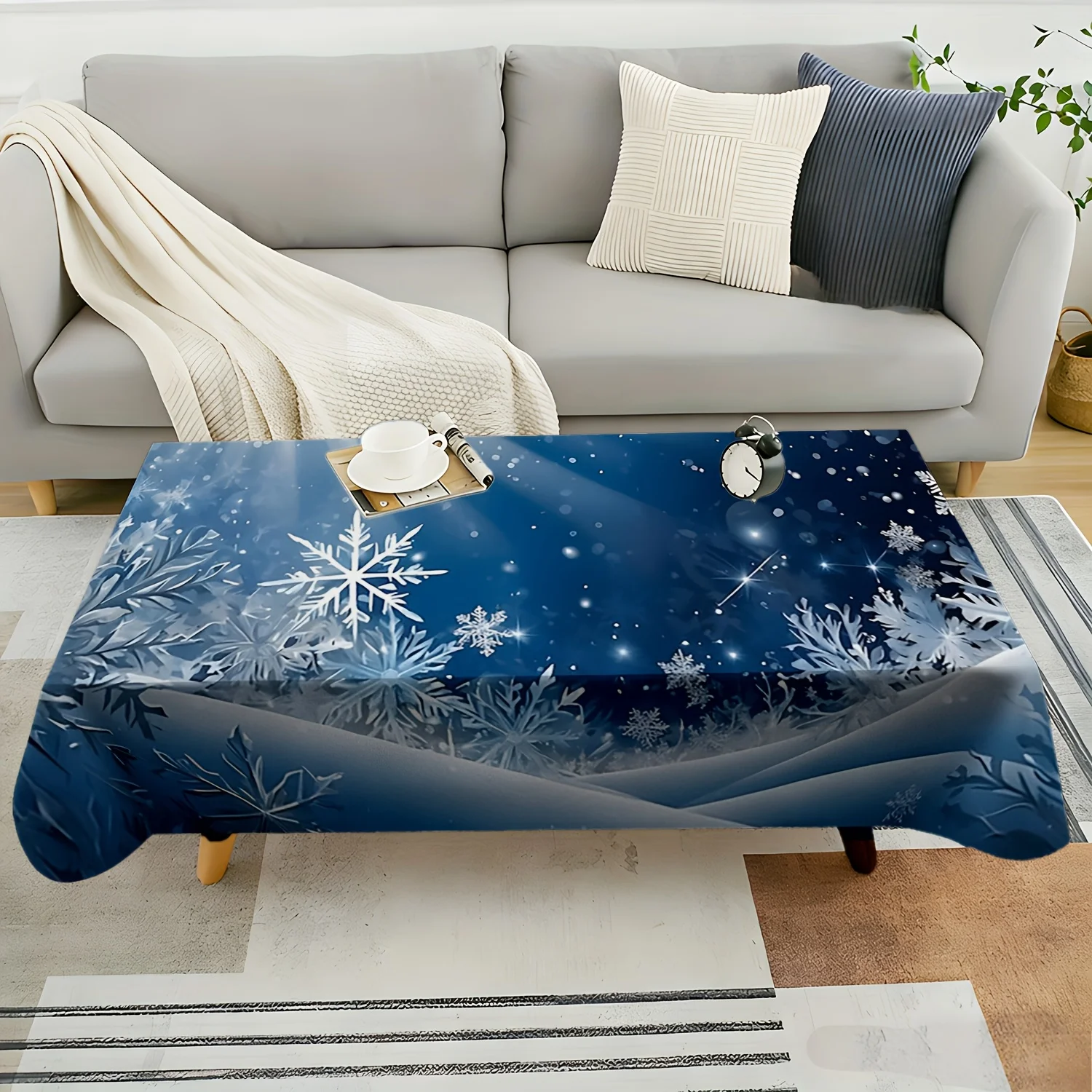 1pc 2D Flat Tablecloth, Dark Blue Background, Bright Light Beams, Snowflakes & Snow-covered Trees Printed Tablecloth