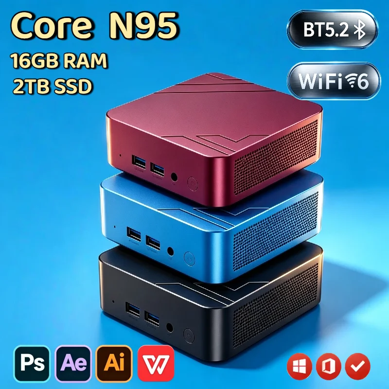 Intel Core N95 High Speed Mini PC 16GB RAM 2TB SSD Triple 4K Monitor WiFi6 BT5.2 Silent Cooling Office Home Small Computer Pro