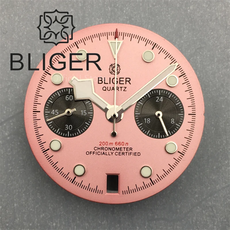 BLIGER 29mm Watch Dial For VK64 Quarzt Movement Black Pink DIal With Snowflake Hands Set C3 Green Luminous 6 O\'Clock Date Window