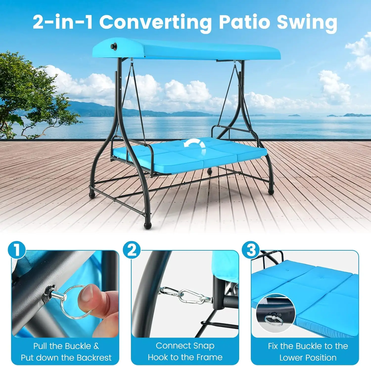 3 Person Porch Swing 2 in 1 Convertible Patio Swing Bed with Removable Cushions Solid Steel Structure Outdoor Swing Adjustable