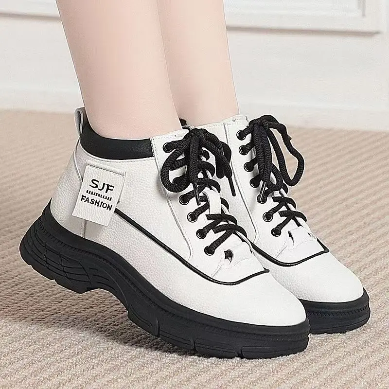 

Женские хлопковые ботинки до щиколотки из натуральной кожи, новые зимние ботинки на толстой подошве, нескользящие, с круглым носком, на шнуровке, сохраняющие тепло, легкие рабочие ботинки