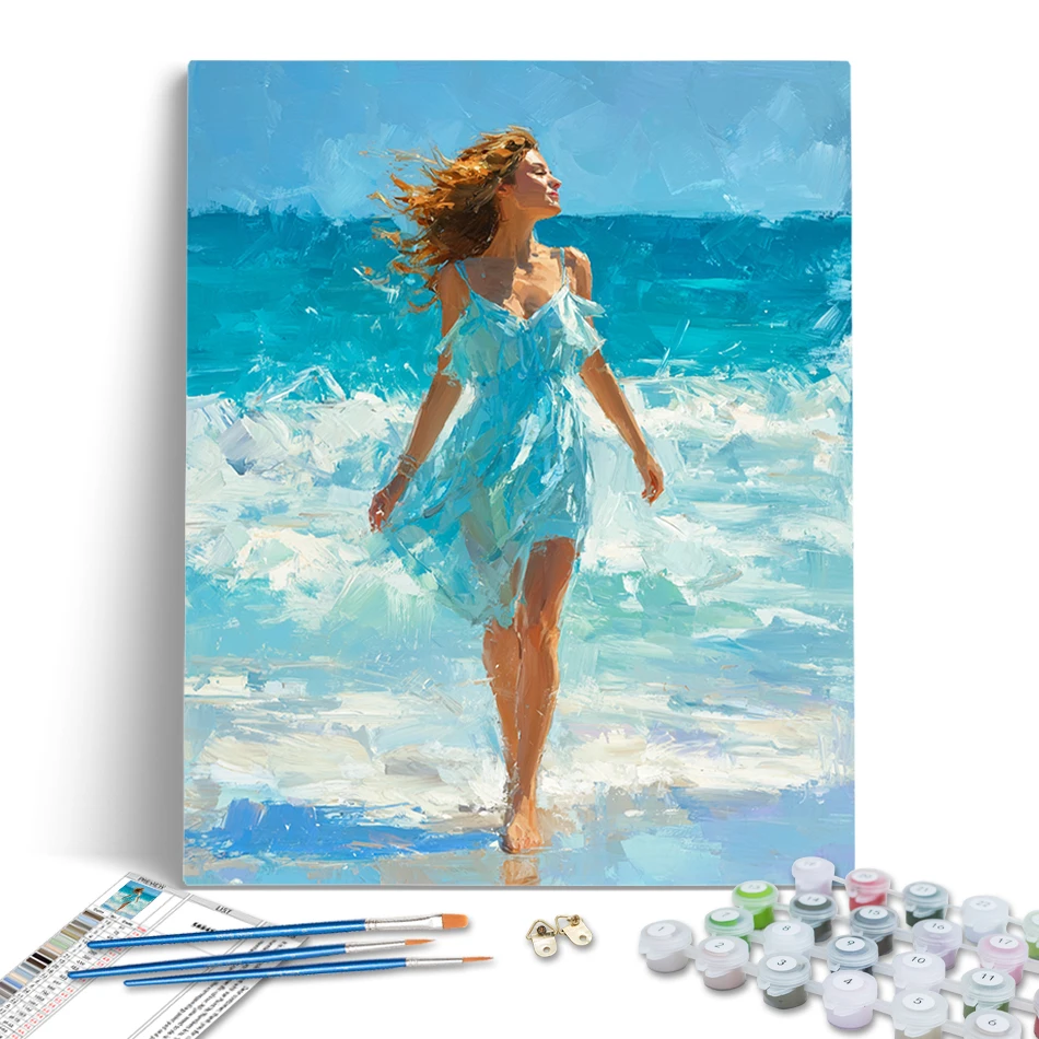 

RUOPOTY Diy Oil Painting By Numbers Adult Coloring Picture Frame Acrylic Paints Blue Sea View Girl Diy Crafts Modern Home Decor
