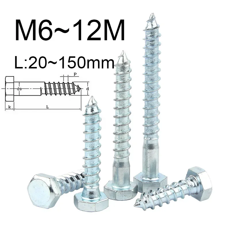 

1~2PCS External Hex Cap Tapping Wood Screw M6 M8 M10 M12 Blue Zinc Carbon Steel Long Wood Screws Length:20~150mm