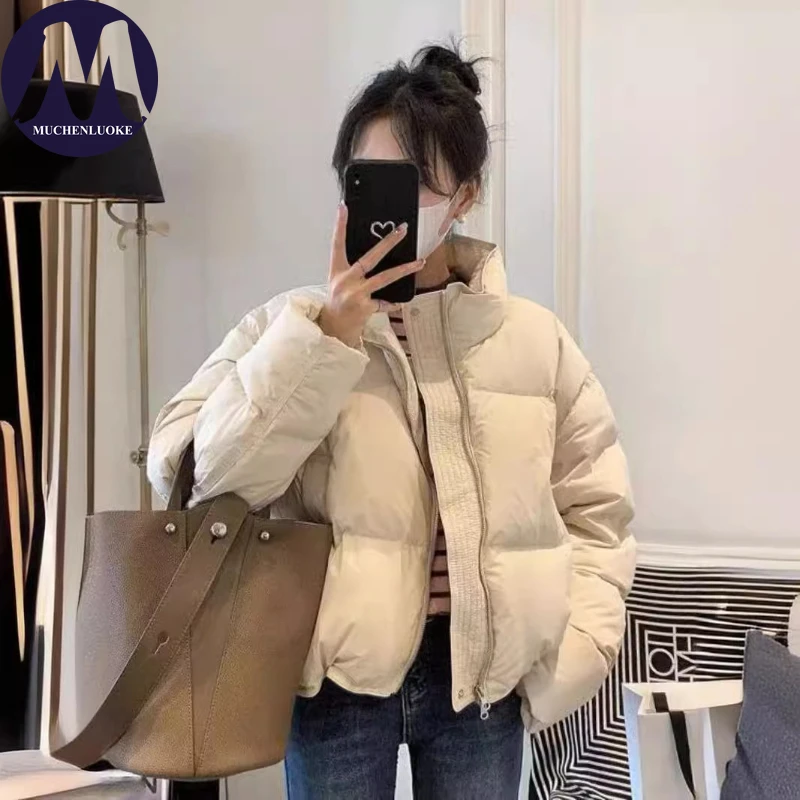 

Winter Jacket for Women Korean Fashion Long Sleeved Stand Collar Warm Down Cotton Coat Elegant Casual Loose Thicken Short Parkas