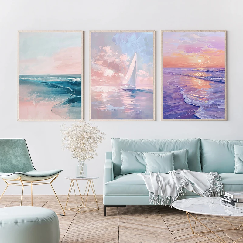 Palm Springs Pink Pool Pastel Oyster Shell Pineapple Seashells Painting Canvas Print Poster for Living Room Home Decor Framel