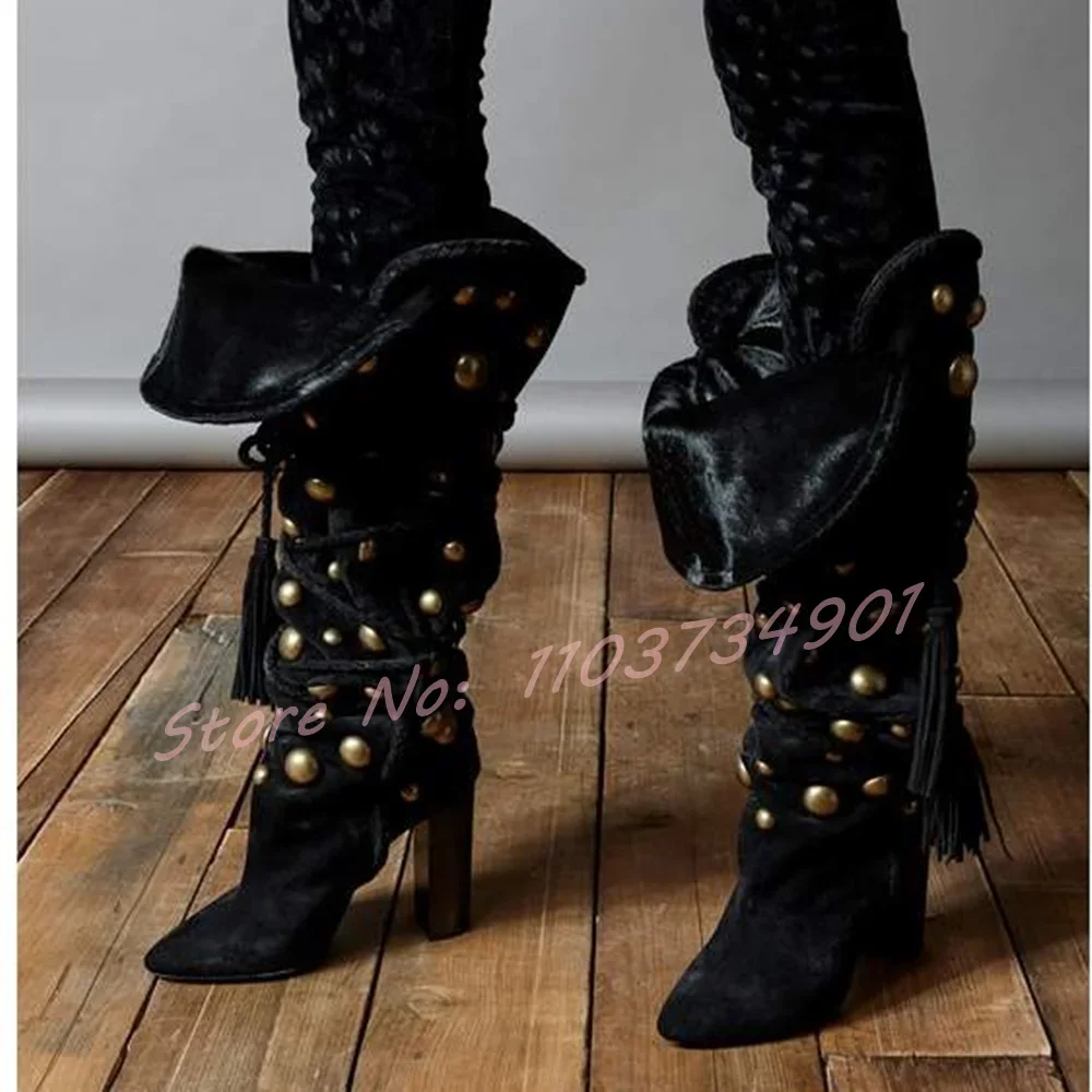

Gold Rivets Baggy Knee High Boots Women Fashion Punk Round Toe Nightclub High Heeled Shoes Lady Sexy Party Lace Up Modern Boots