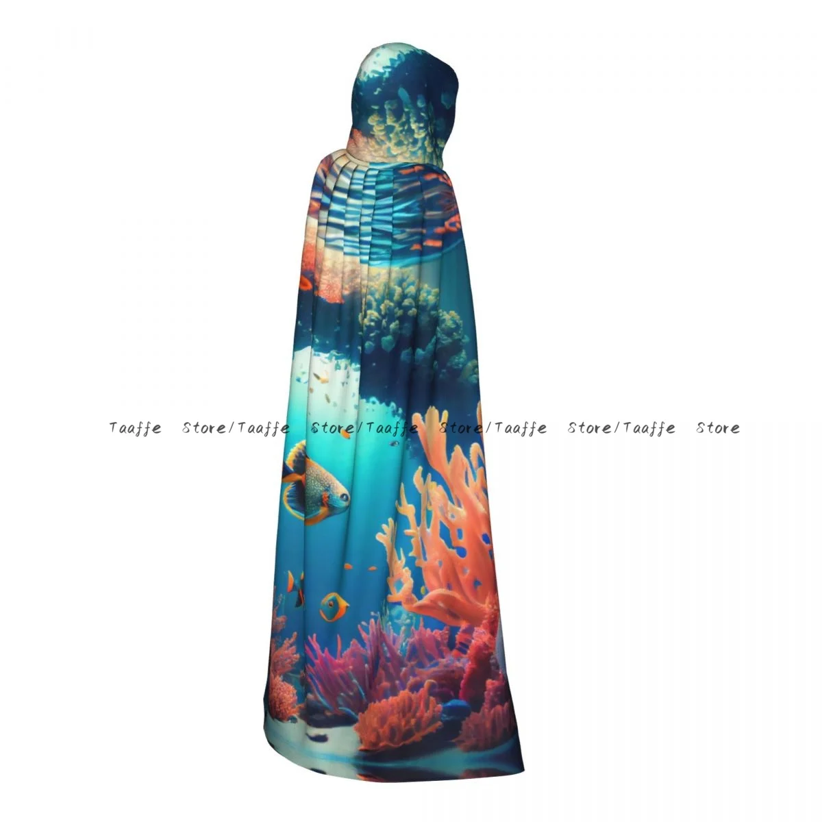 

Medieval Cosplay Cloak Hooded Coat Colorful Underwater World Fish And Coral Reefs Cape Coat Long Trench Costume Wizard Cloak