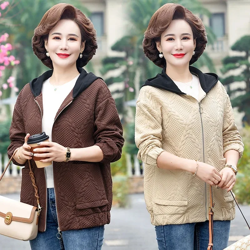 2023 New Middle-aged Mother Women's Spring and Autumn Coat Hooded Jacket Loose Coat Top Casual