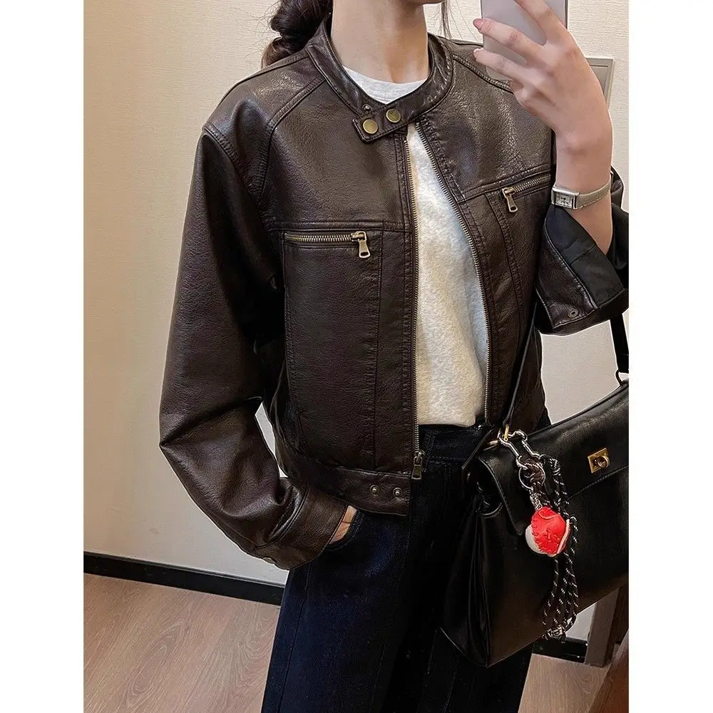 

2026 Spring Autumn New Fashion Leather Jacket Ladies Western-style Outcoat Short Retro Overcoat Collar Leather Coat Women's Top