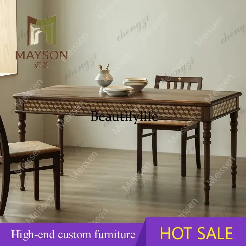 178 Medieval solid wood dining table carved rectangular log color living room desk desk