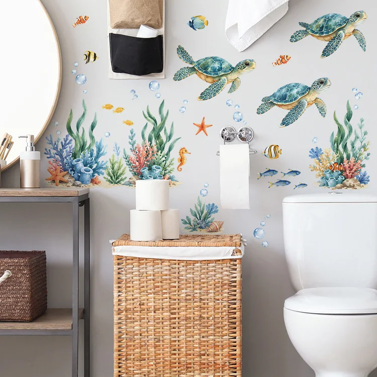 Gemalte Schildkröten-Algen-Wandaufkleber, Badezimmer-Glastür-Dekor, Aufkleber für Zimmertöpfe, Toilettenhintergrund, Heimdekoration, selbstklebende Wandmalerei – Detail 3
