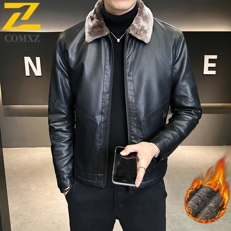 COMXZ الشتاء الرجال سترة جلدية مبطنة بالصوف الفاخرة المشي لمسافات طويلة معطف جلد دافئ الترفيه الأعمال ترتيب الأسرة طوق معطف تنوعا ق #2