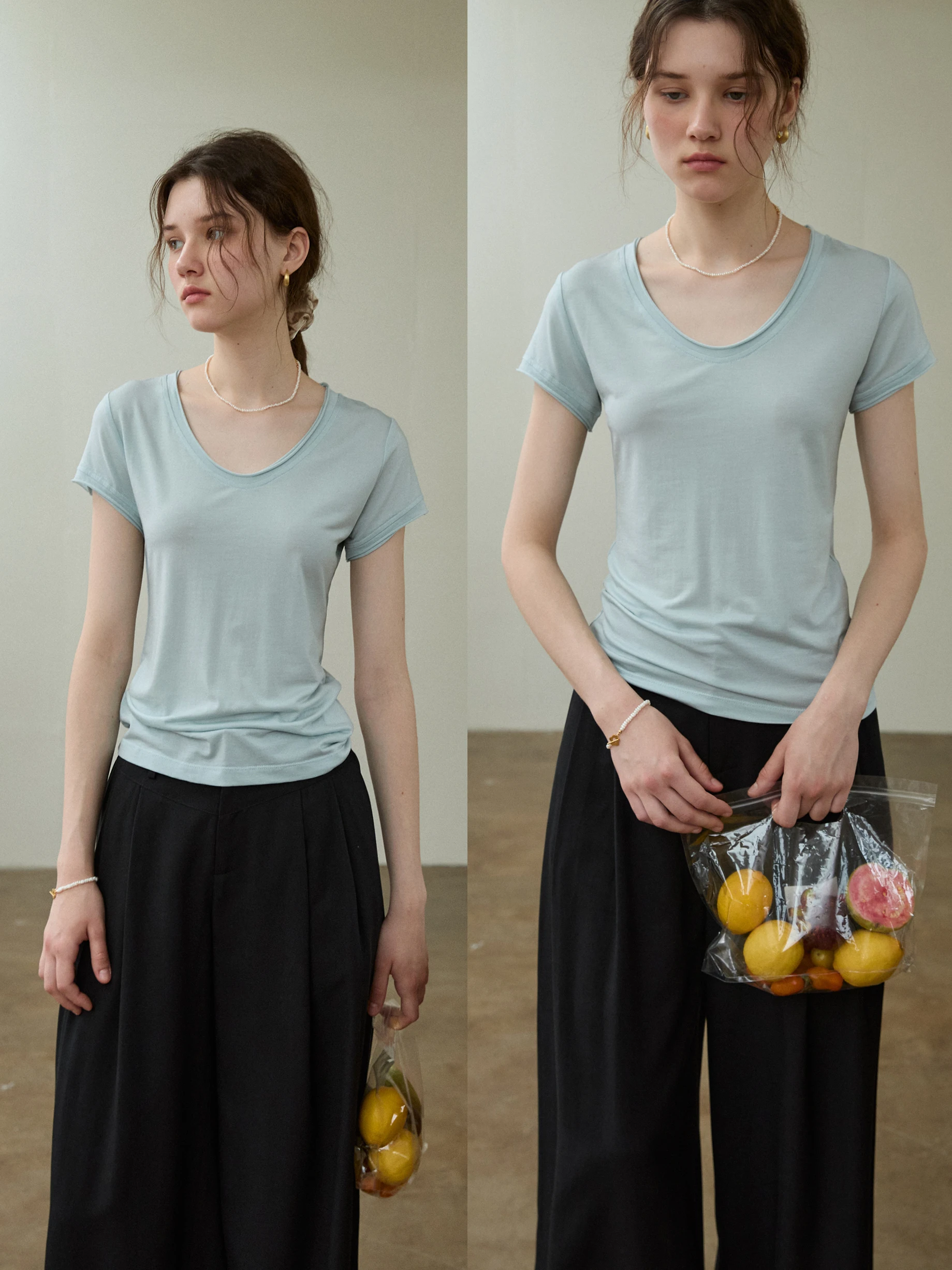 Xumooxii Cool Lyocell T-Shirt Women Summer Thin Micro Transparent Loose Short Sleeve U-Neck Casual Style Straight Cut T-Shirt