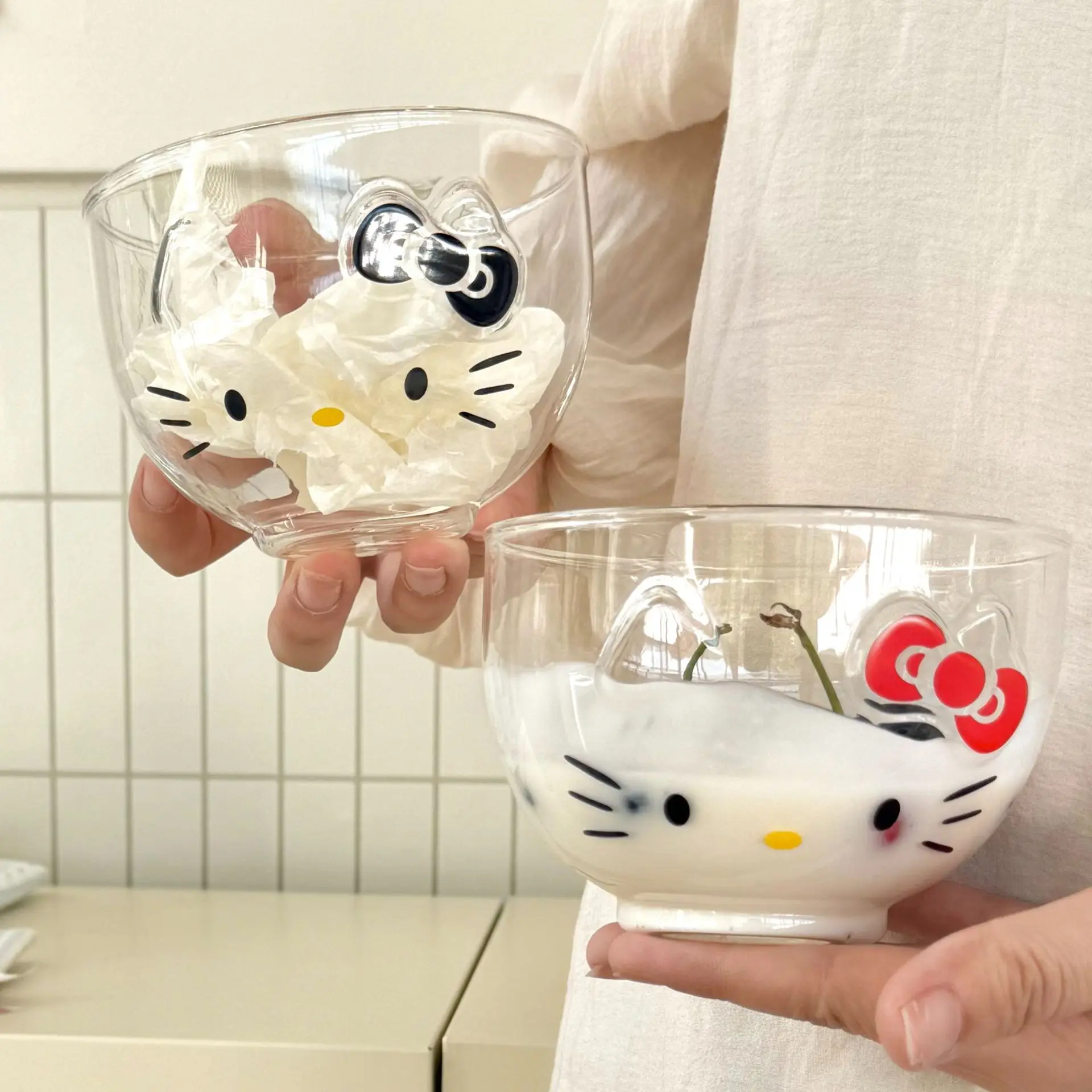 

Anime Kawaii Hello Kitty Single-layer Cartoon KT Cat Glass Bowl New Cute Girl Heart Glass Salad Bowl Milk Shake Bowls Tableware