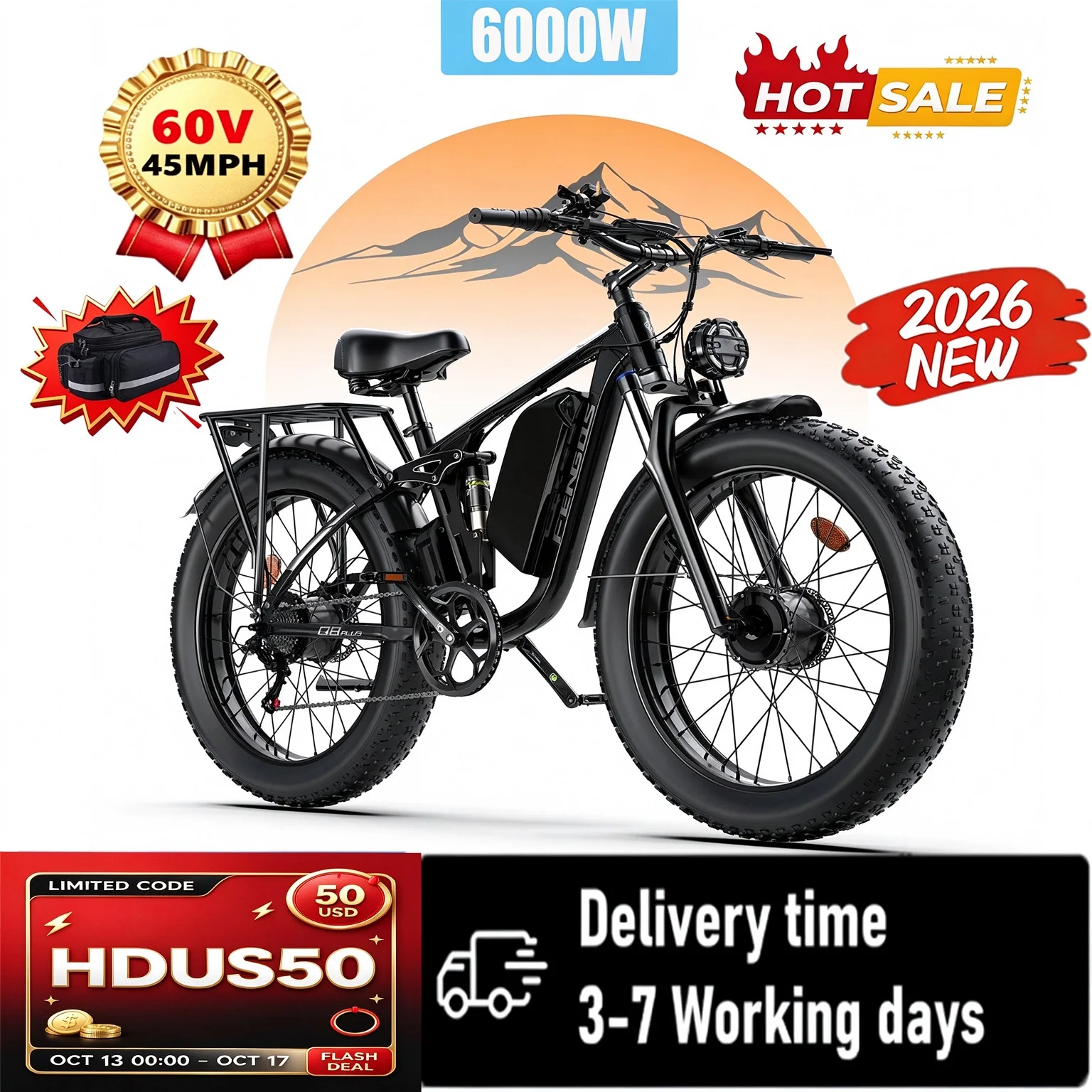 FENGQS Q8 PLUS 6000W 5000W Dual Motor Mountain Electric Vehicle 60V1200WH Large Battery, 100 Kilometer Range, Hydraulic Disc Brake with Turn Signal, Electric Bicycles, Commuting, Boys, Fat Tires, Detachable Batteries. Full Shockingproof Frame