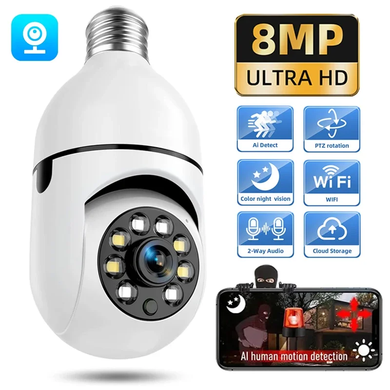 

8MP E27 Bulb WIFI Camera Security Monitor Night Vision AI Human Tracking Voice Alarm Two-way Audio Smart Home Surveillance CCTV