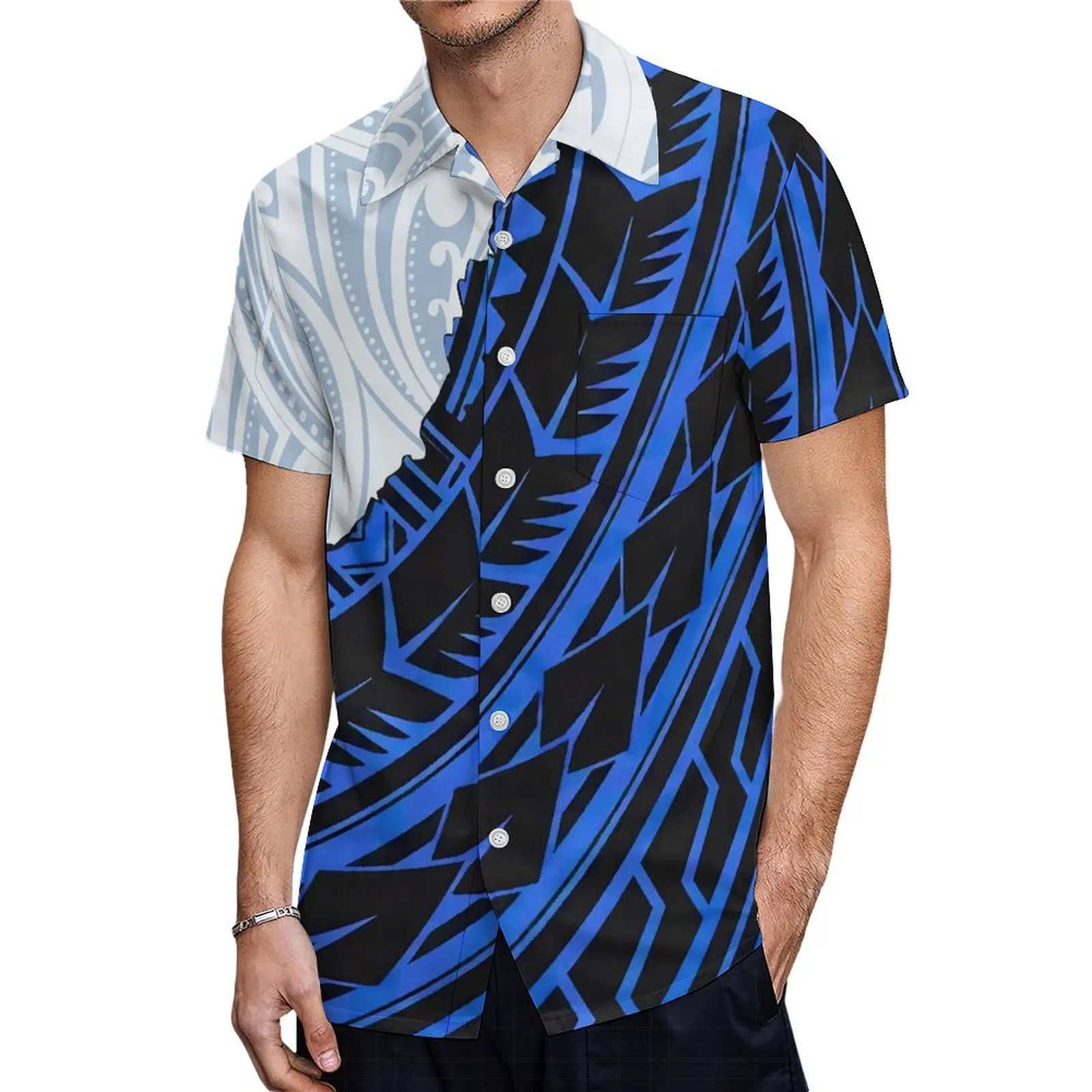 Robe Hawaïenne à Manches Mi-sulf, Imprimée sur Mesure, à Volants, à Plusieurs Niveaux, Bleue, Assortie, Chemise Boutonnée pour Homme