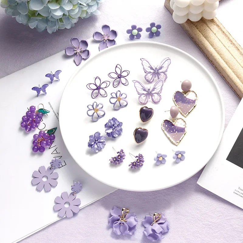 2026 Korea Purple Geometric Pendant Earrings Multiple Drop Earrings Unique Design Flowers Butterfly Heart Acrylic Dangle Earring