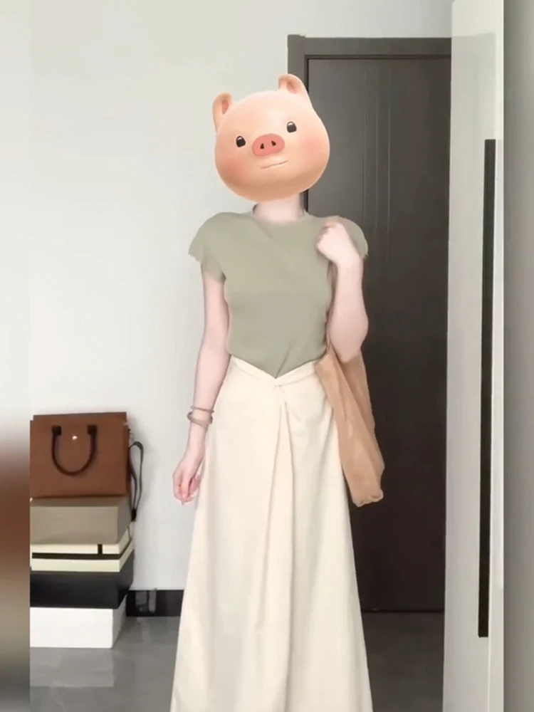 

XZY Elegant Casual Summer Outfit High Waist Half Skirt Short Sleeve Two-Piece Set plus Size Soft Tone A-Line Dress