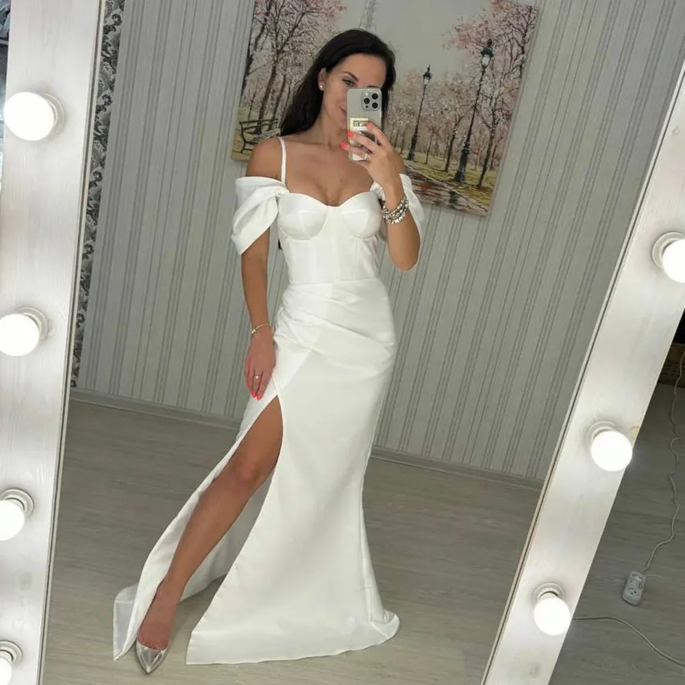 

Msikoods Mermaid Satin Wedding Dresses With Draped Train High Side Slit Long Sleeves Bridal Gowns V-Neck Pleats Bride Dress 2024